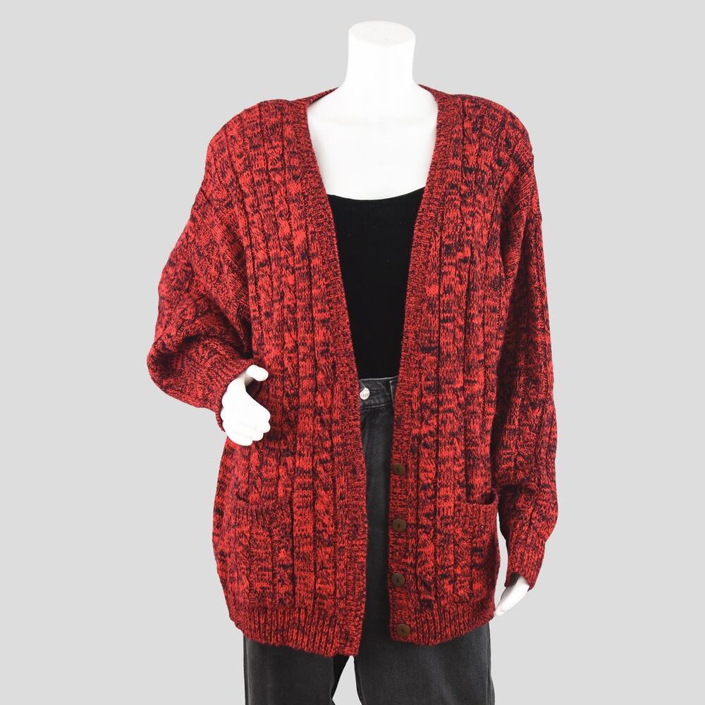 Vintage 80s Chunky Cable Cardigan, Black & Red, Women's Plus Size 26